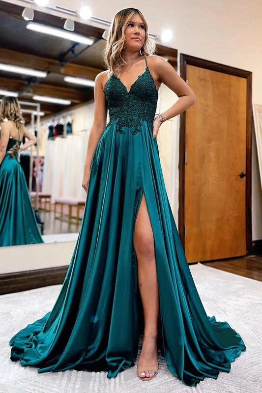 Elegant A-Line V-Neck Sleeveless Lace-Up Back Floor-Length Prom Dress