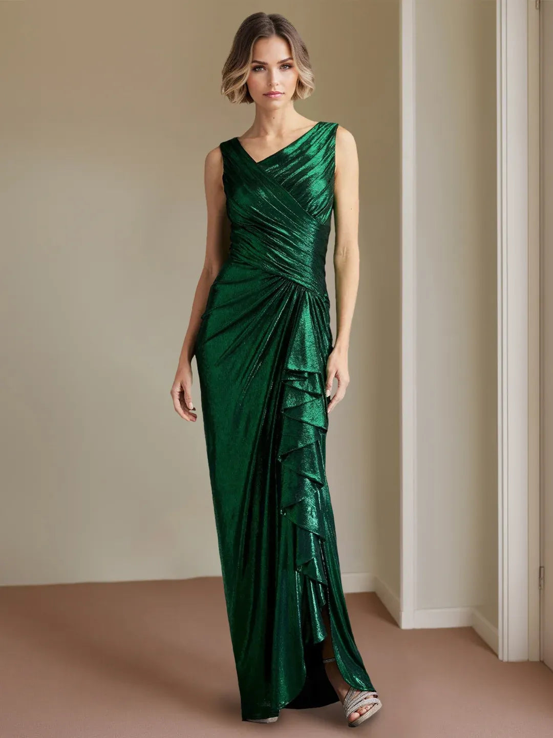 Loverlm emerald green metallic V-neck evening dress with ruched waist and side ruffle front view