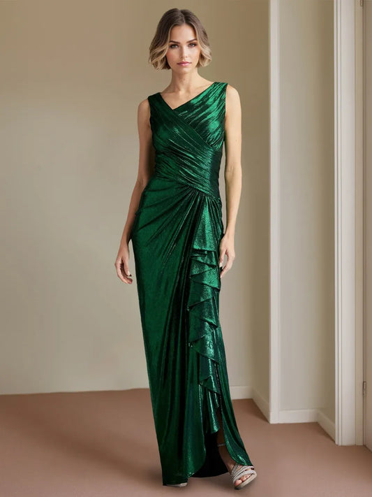 Loverlm emerald green metallic V-neck evening dress with ruched waist and side ruffle front view