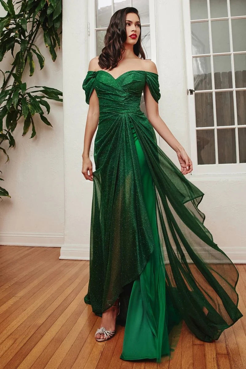Loverlm emerald green off-shoulder ruched sheer overlay evening dress front view