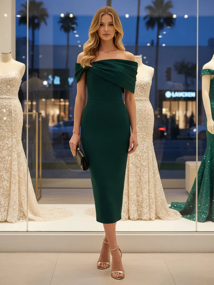 Loverlm emerald green wedding guest dress with off-shoulder draped neckline fitted sheath silhouette and elegant midi length