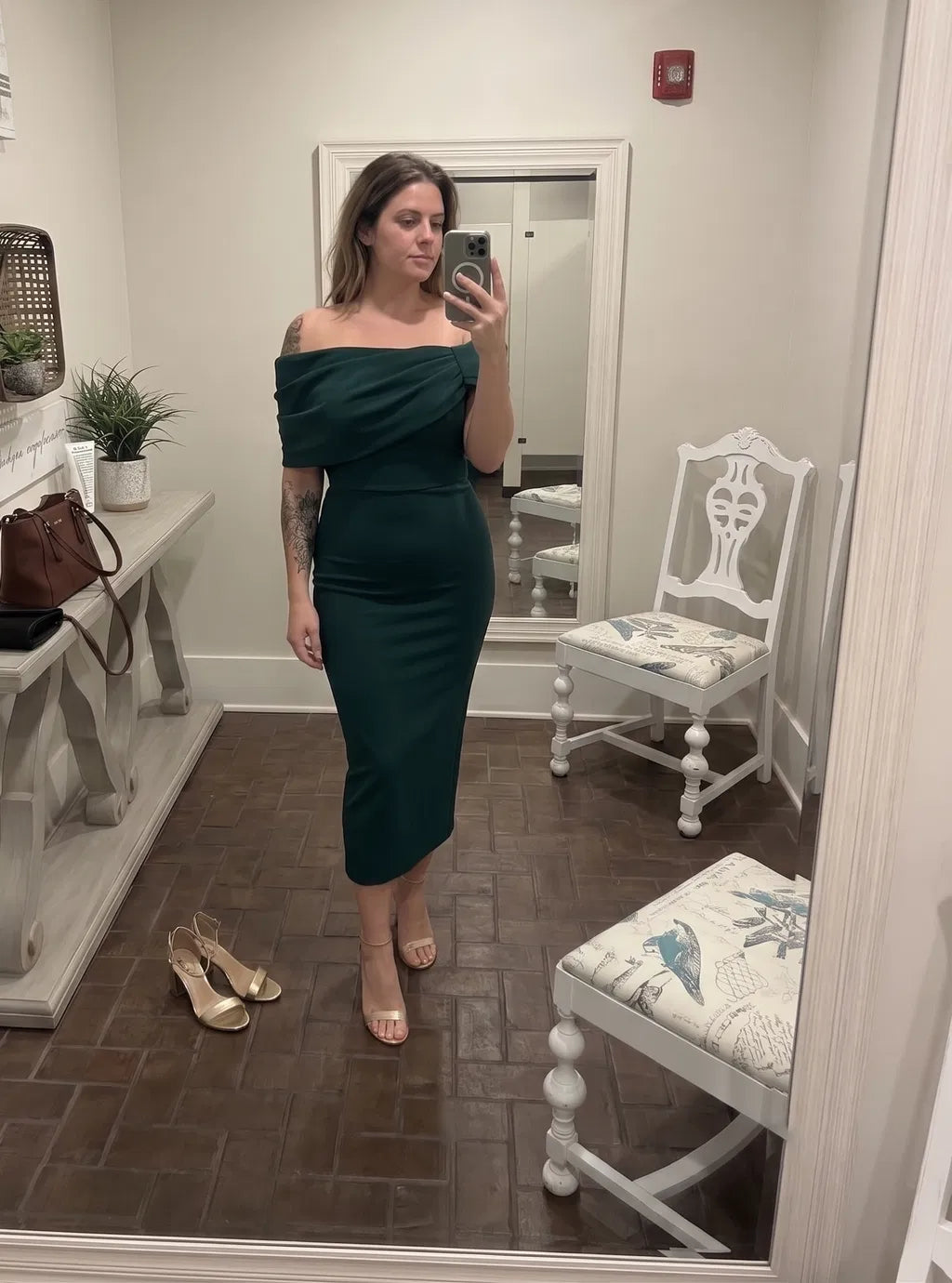 Elegant Sheath Off-Shoulder Draped Midi Wedding Guest Dress