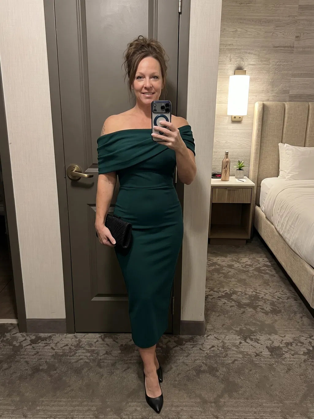 Elegant Sheath Off-Shoulder Draped Midi Wedding Guest Dress