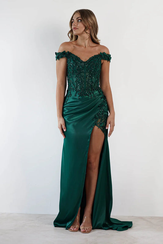 Loverlm emerald green prom dress with sweetheart neckline, off-shoulder floral straps, embellished bodice, draped skirt and thigh-high slit front view