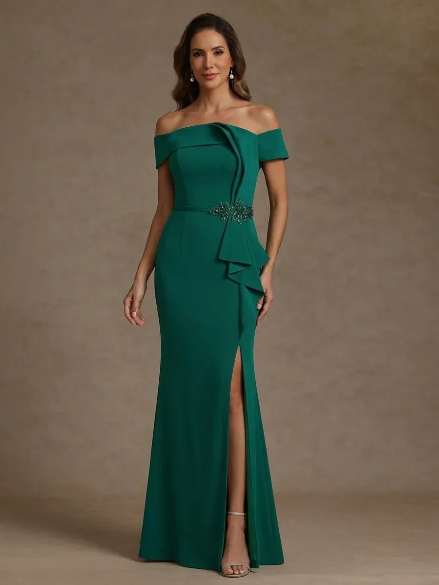 Loverlm emerald green off shoulder mermaid evening dress with beaded waist and front slit