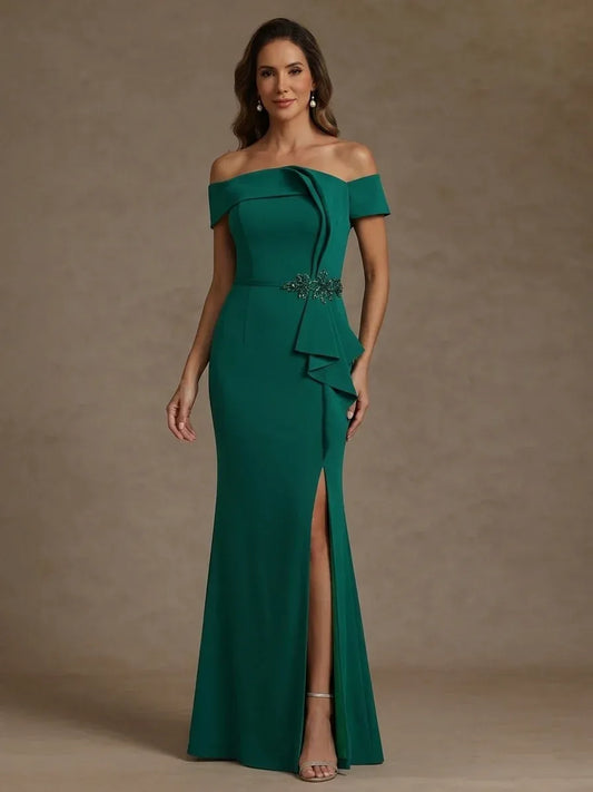 Loverlm emerald green off shoulder mermaid evening dress with beaded waist and front slit