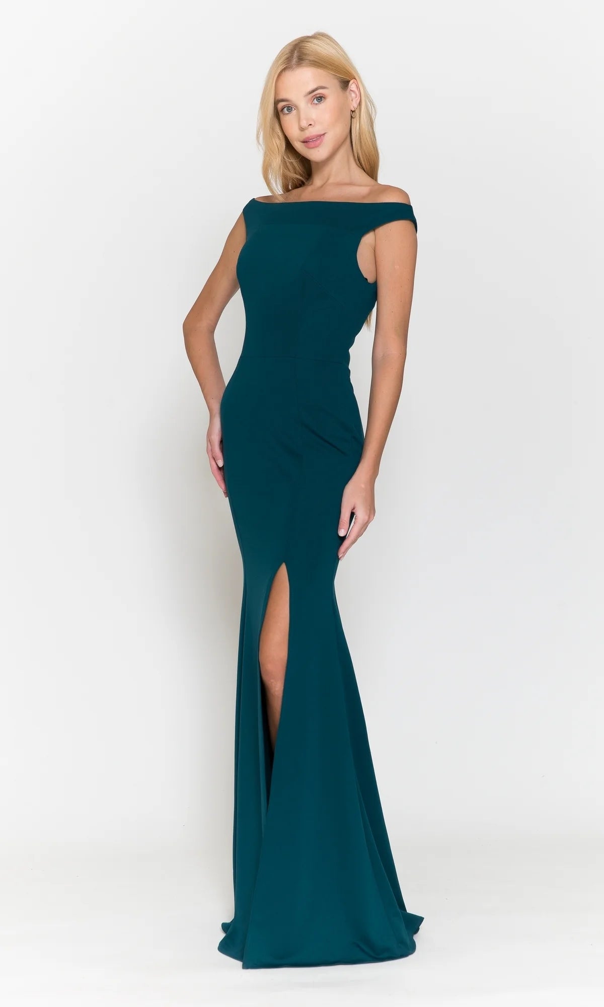 Loverlm emerald green mermaid evening dress with off-shoulder bateau neckline, fitted waist, front slit and floor-length flared skirt