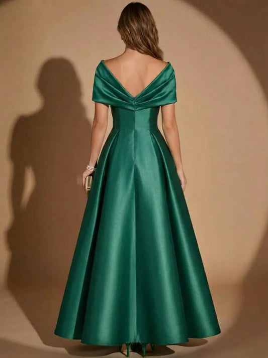 Elegant A Line Off Shoulder Short Sleeve Satin Floor Length Evening Dress