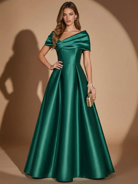 Loverlm emerald green satin off shoulder A-line floor length evening dress