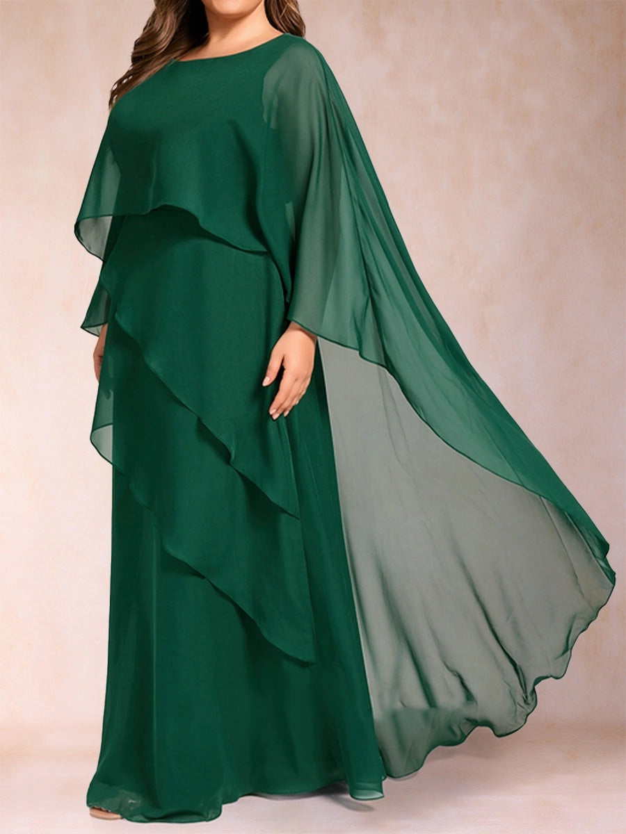 Elegant A Line Round Neck Cape Sleeve Closed Back Layered Floor Length Mother of the Bride Dress