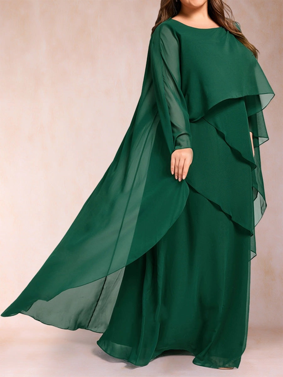 Elegant A Line Round Neck Cape Sleeve Closed Back Layered Floor Length Mother of the Bride Dress