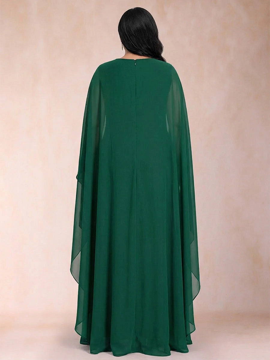 Elegant A Line Round Neck Cape Sleeve Closed Back Layered Floor Length Mother of the Bride Dress