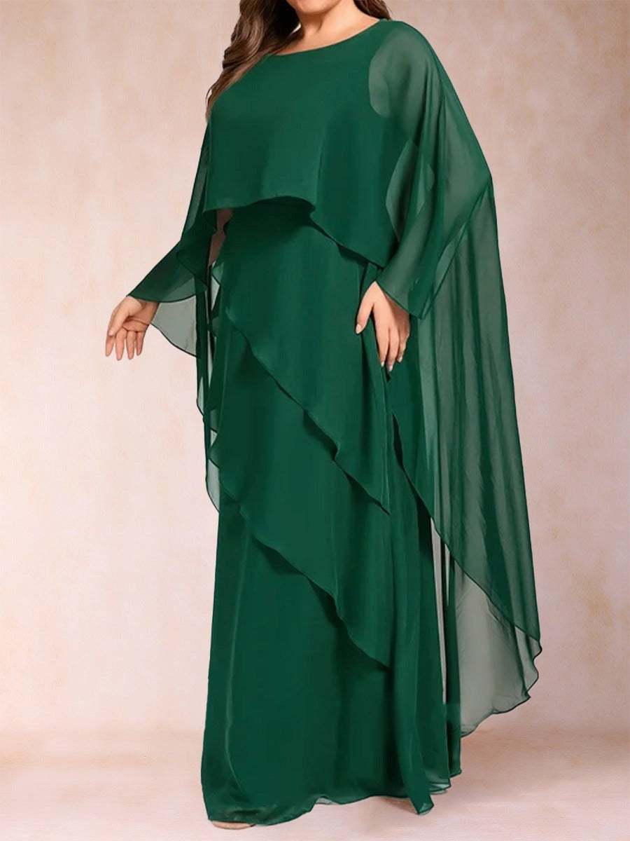 Elegant A Line Round Neck Cape Sleeve Closed Back Layered Floor Length Mother of the Bride Dress