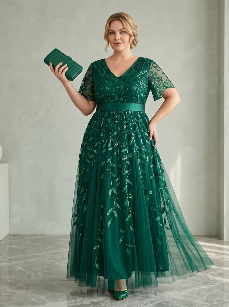 Loverlm emerald green plus size mother of the bride dress with V neckline, sheer sequin embroidered short sleeves, satin waistband and flowing A-line tulle skirt front view