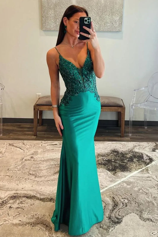 Loverlm emerald green satin prom dress with a beaded lace bodice, deep V-neckline, spaghetti straps and a softly flared long skirt.
