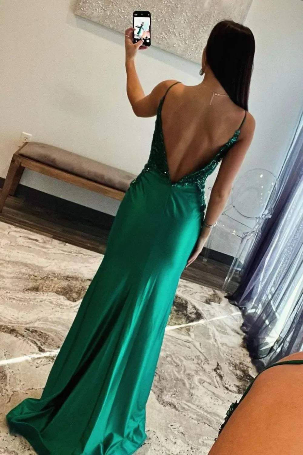 Elegant Satin Lace Mermaid V-Neck Sleeveless Open Back Floor Length Prom Dress