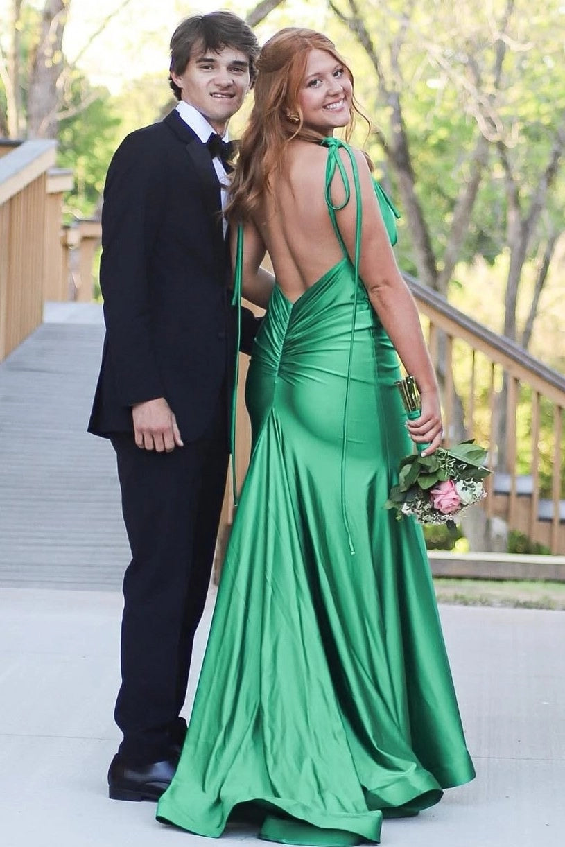 Loverlm Elegant Emerald Green Satin Mermaid V-Neck Spaghetti-Strap Tie-Back Floor-Length Prom Dress