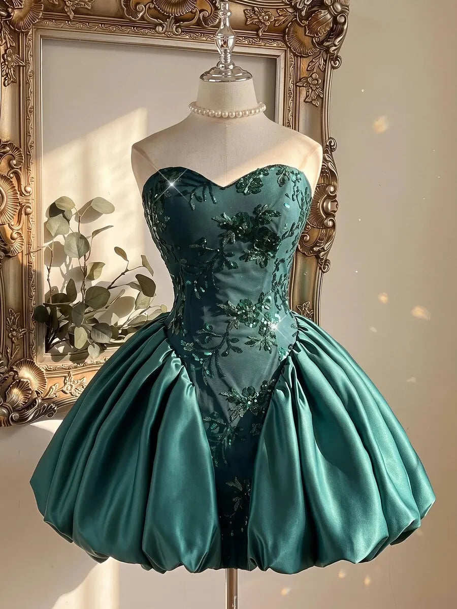 Loverlm emerald green homecoming dress with sweetheart sequin corset bodice and bubble mini skirt