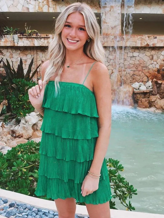 Loverlm emerald green mini homecoming dress front view with spaghetti straps, straight neckline and cascading pleated ruffle tiers