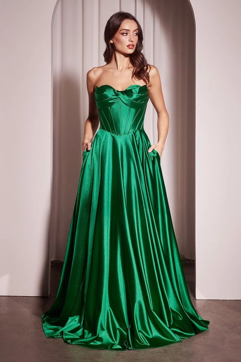 Loverlm emerald green strapless sweetheart satin A-line prom dress front view