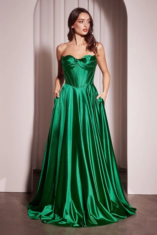 Loverlm emerald green strapless sweetheart satin A-line prom dress front view