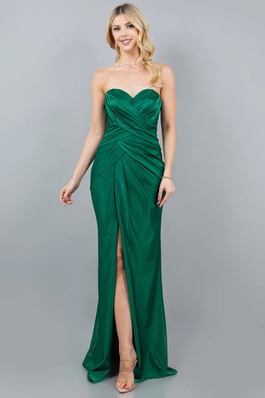 Loverlm emerald green sweetheart strapless ruched satin slit prom dress front view