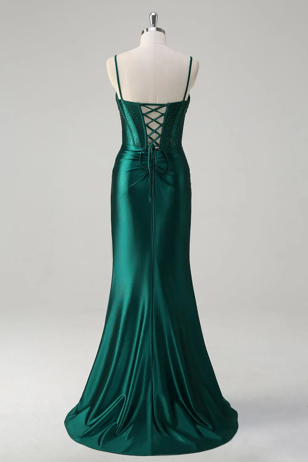 Elegant Mermaid Sweetheart Spaghetti Strap Lace Up Slit Emerald Green Prom Dress