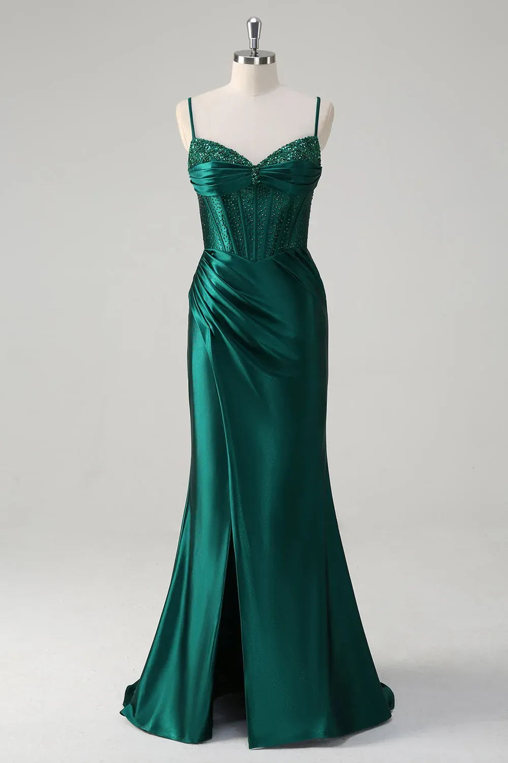 Elegant Mermaid Sweetheart Spaghetti Strap Lace Up Slit Emerald Green Prom Dress