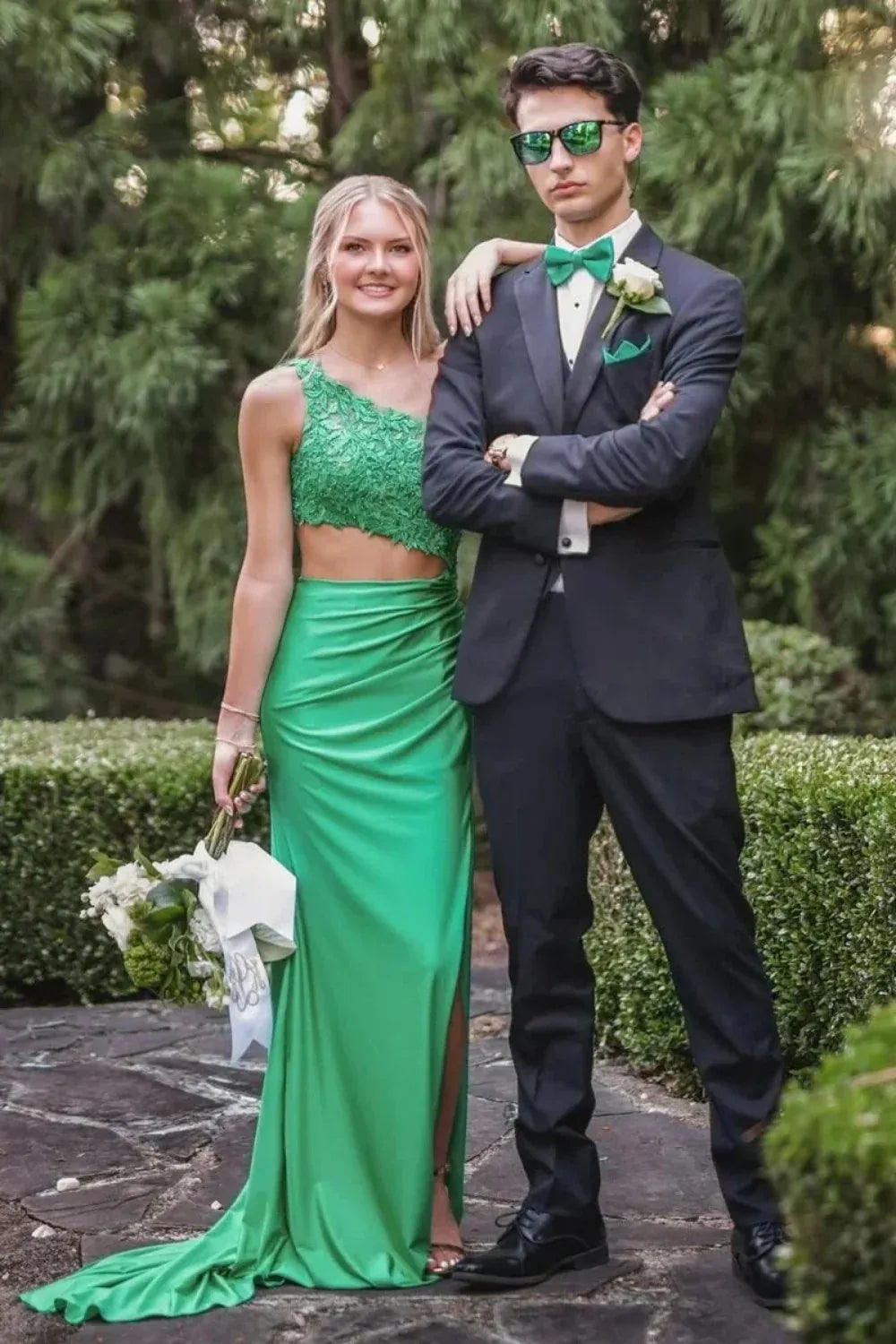 Loverlm emerald green two-piece prom dress with one shoulder lace crop top, fitted satin skirt and side slit front view
