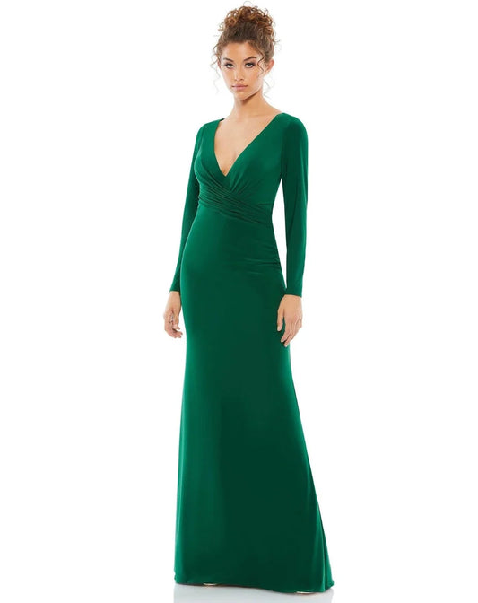 Loverlm emerald green V-neck long sleeve floor-length evening dress front view