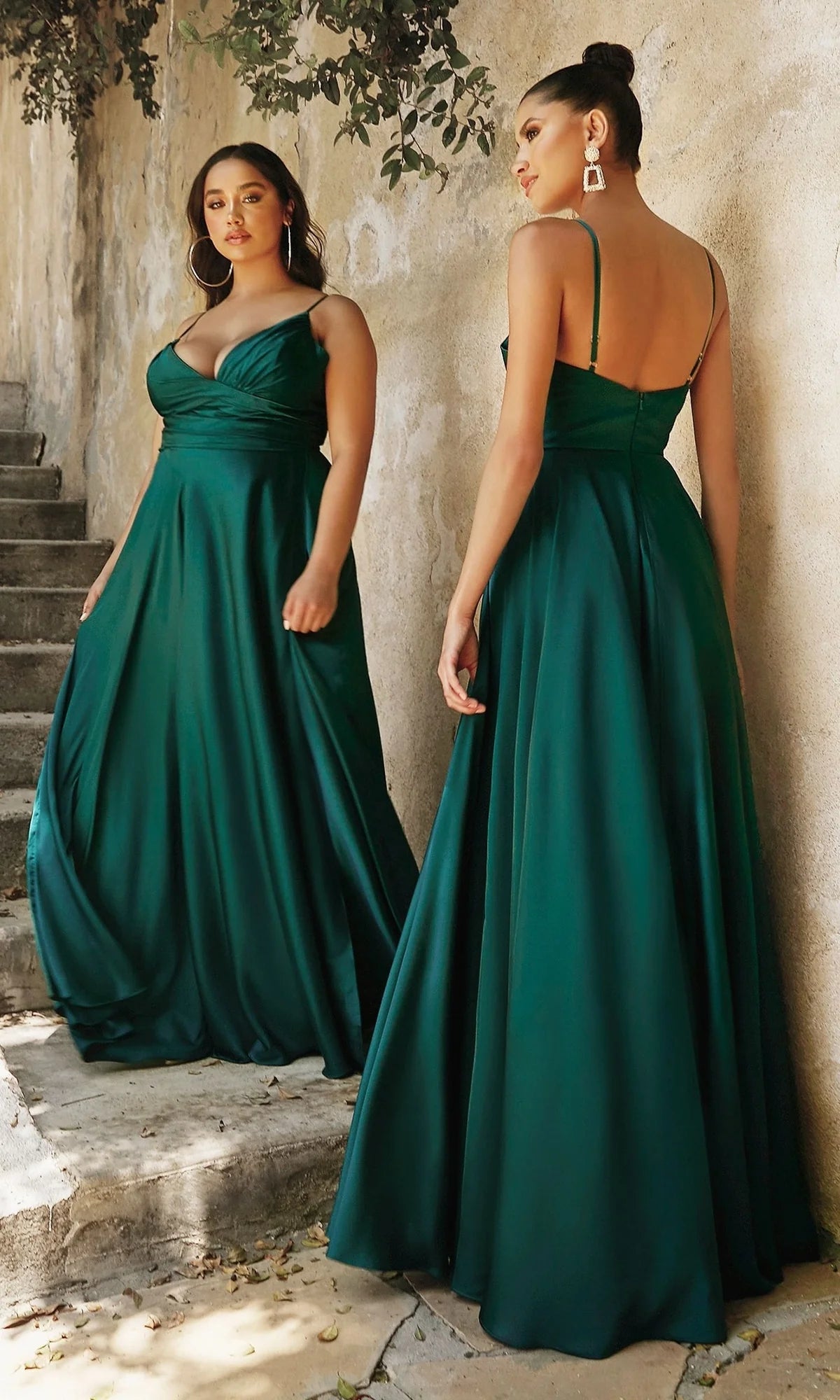 Emerald green A-line satin evening dress with plunging V-neckline, spaghetti straps, ruched bodice and flowing floor-length skirt