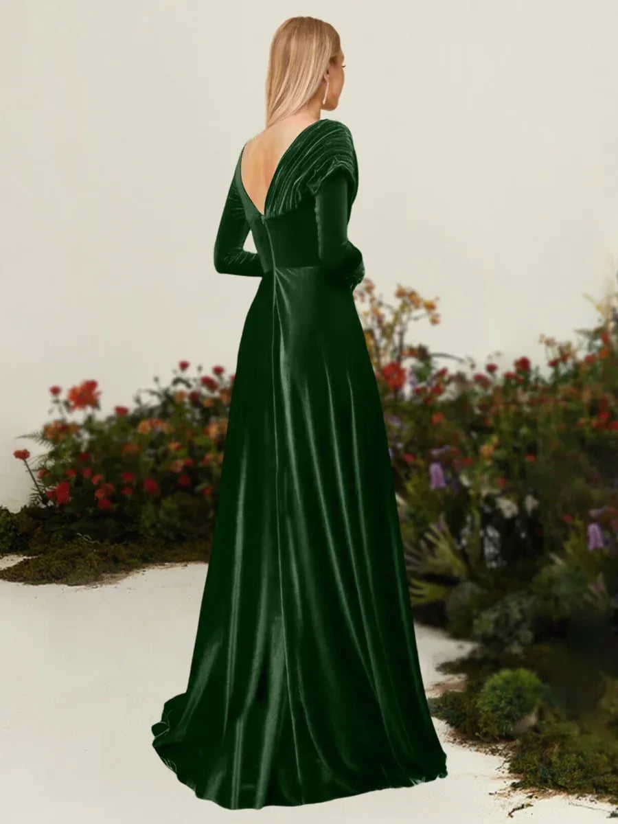 Elegant A-Line Draped Neckline Long Sleeve V-Back Floor-Length Mother of the Bride Dress