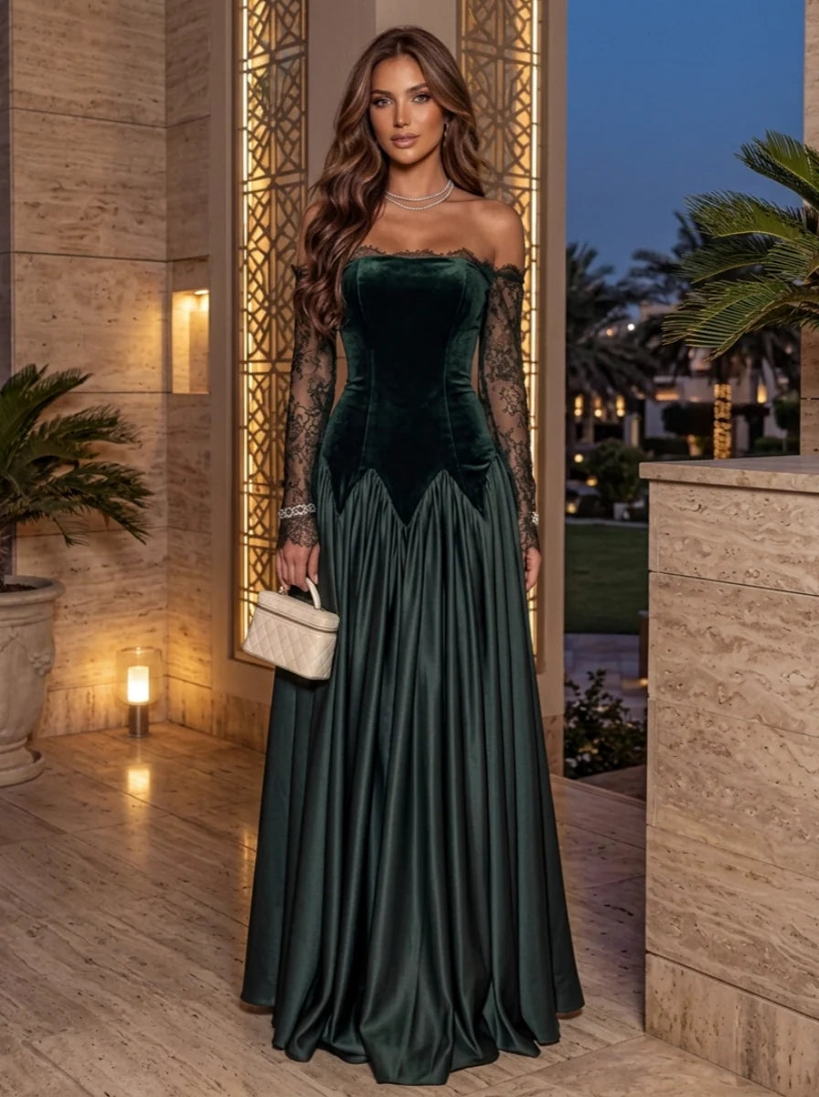 Dark emerald green A-line evening dress with velvet corset bodice, sweetheart neckline, sheer floral lace long sleeves and flowing satin floor-length skirt by Loverlm