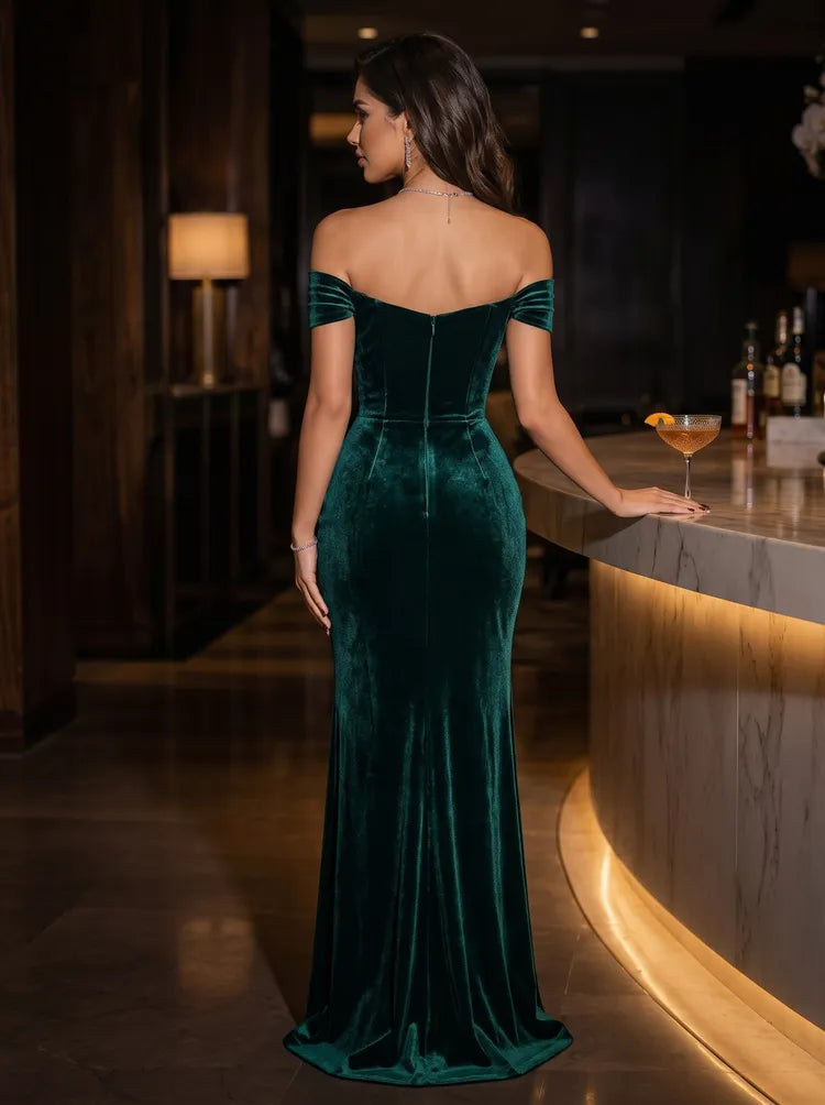 Glamorous Mermaid Sweetheart Neck Off-Shoulder Sleeves Velvet Floor-Length Evening Dress