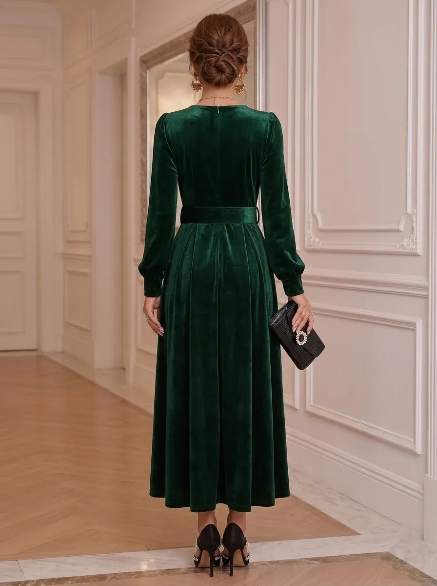 Elegant A-Line V-Neck Long Sleeve Zip Back Midi Evening Dress