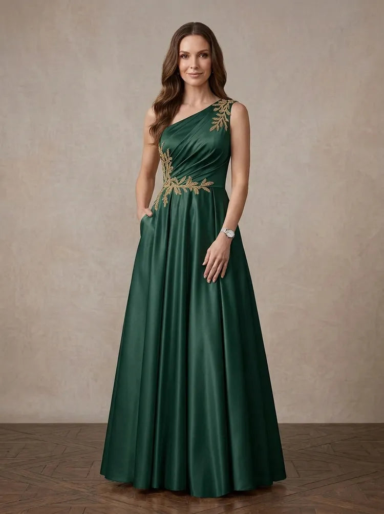 Loverlm emerald green Mother of the Bride dress with one-shoulder neckline gold leaf appliqué ruched bodice and floor-length satin A-line skirt