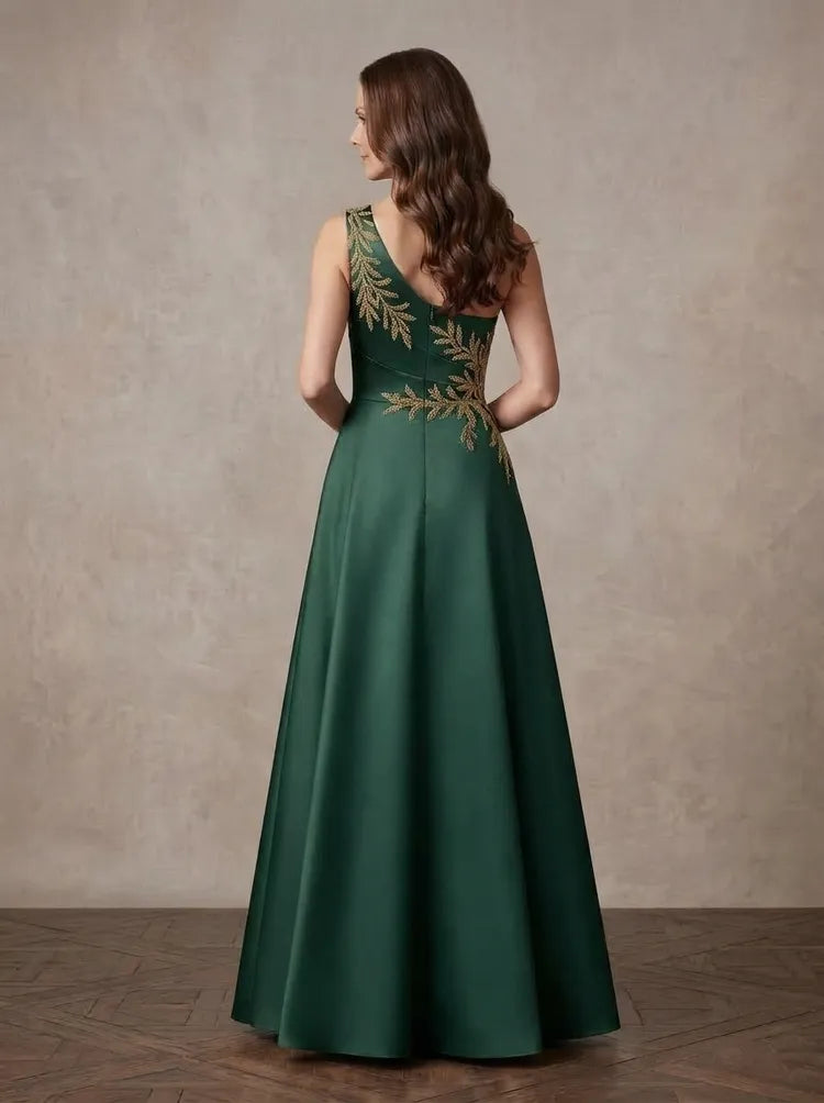 Elegant A-Line One-Shoulder Sleeveless Satin Floor-Length Mother of the Bride Dress
