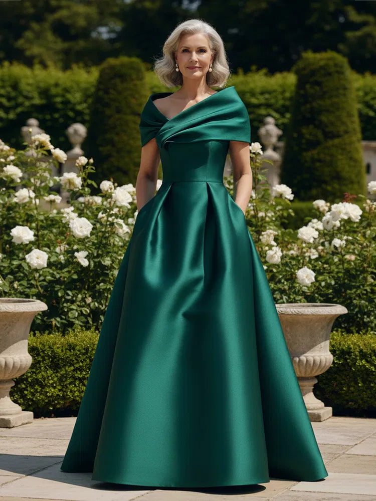 Loverlm emerald green satin Mother of the Bride dress with off-shoulder neckline fitted waist and floor-length A-line skirt