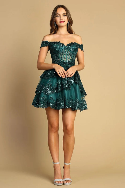Loverlm emerald sequin off shoulder tiered mini Homecoming Dress front