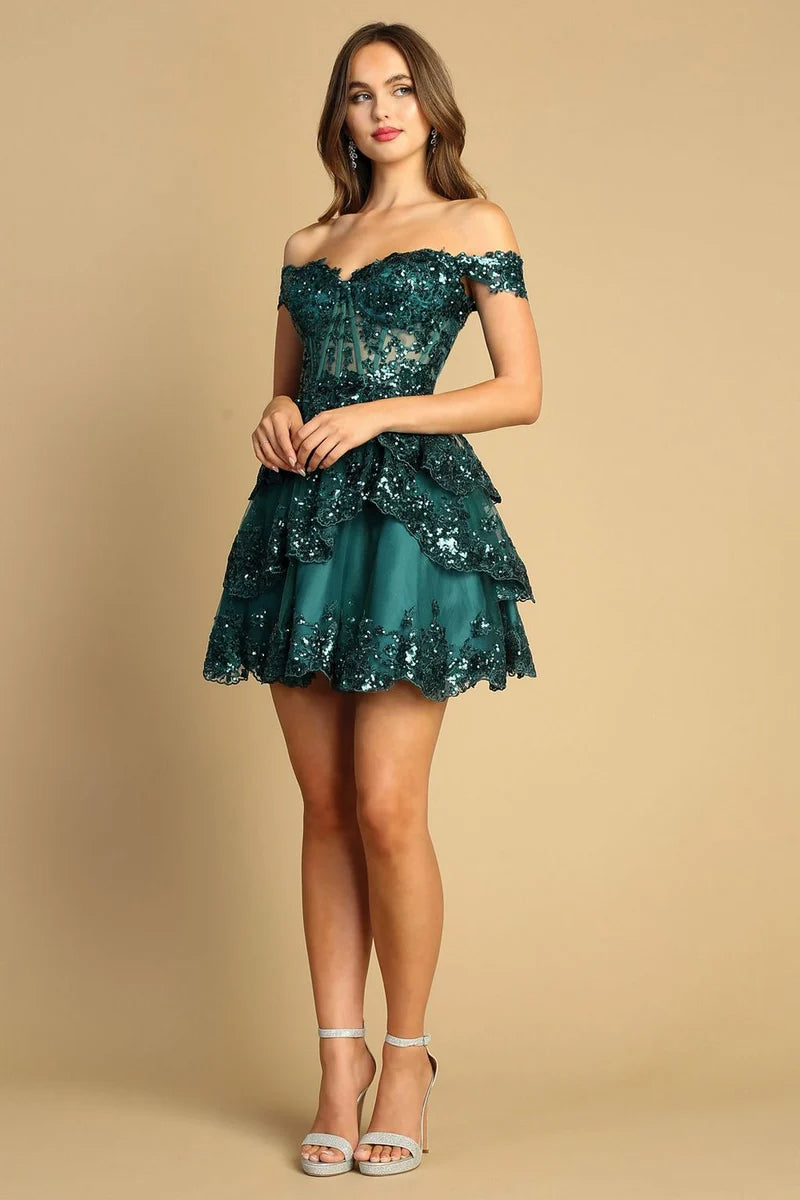 Sparkling Tiered A-Line Sweetheart Off-Shoulder Lace-Up Mini Homecoming Dress