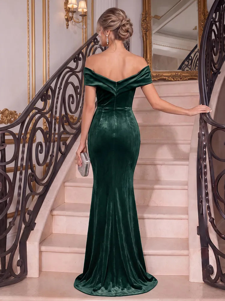 Elegant Mermaid Off-Shoulder Short Sleeve Velvet Floor-Length Evening Dress