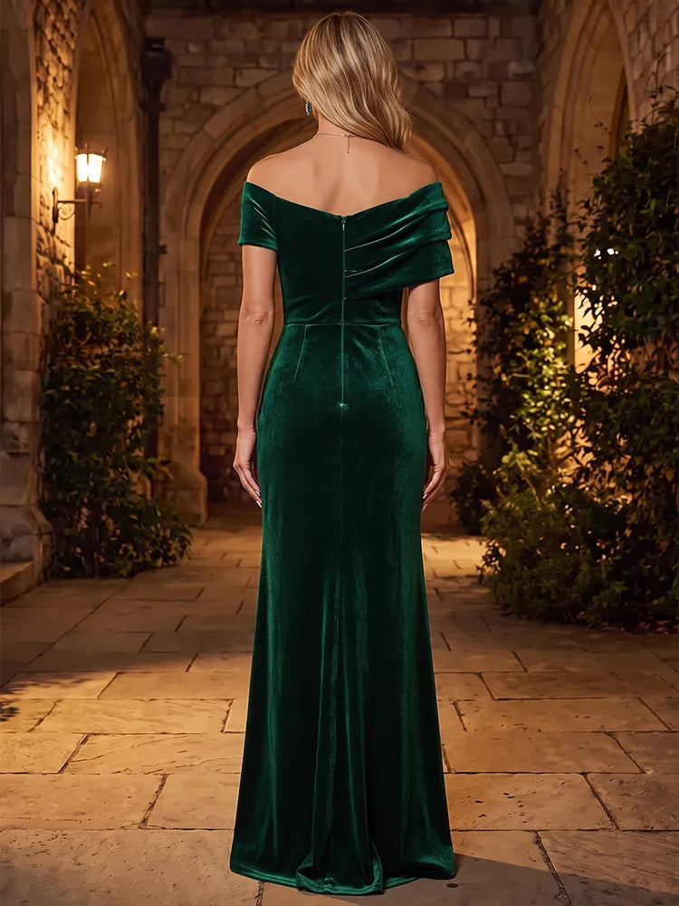 Elegant Sheath Off-Shoulder Short-Sleeve Velvet Floor-Length Mother of the Bride Dress