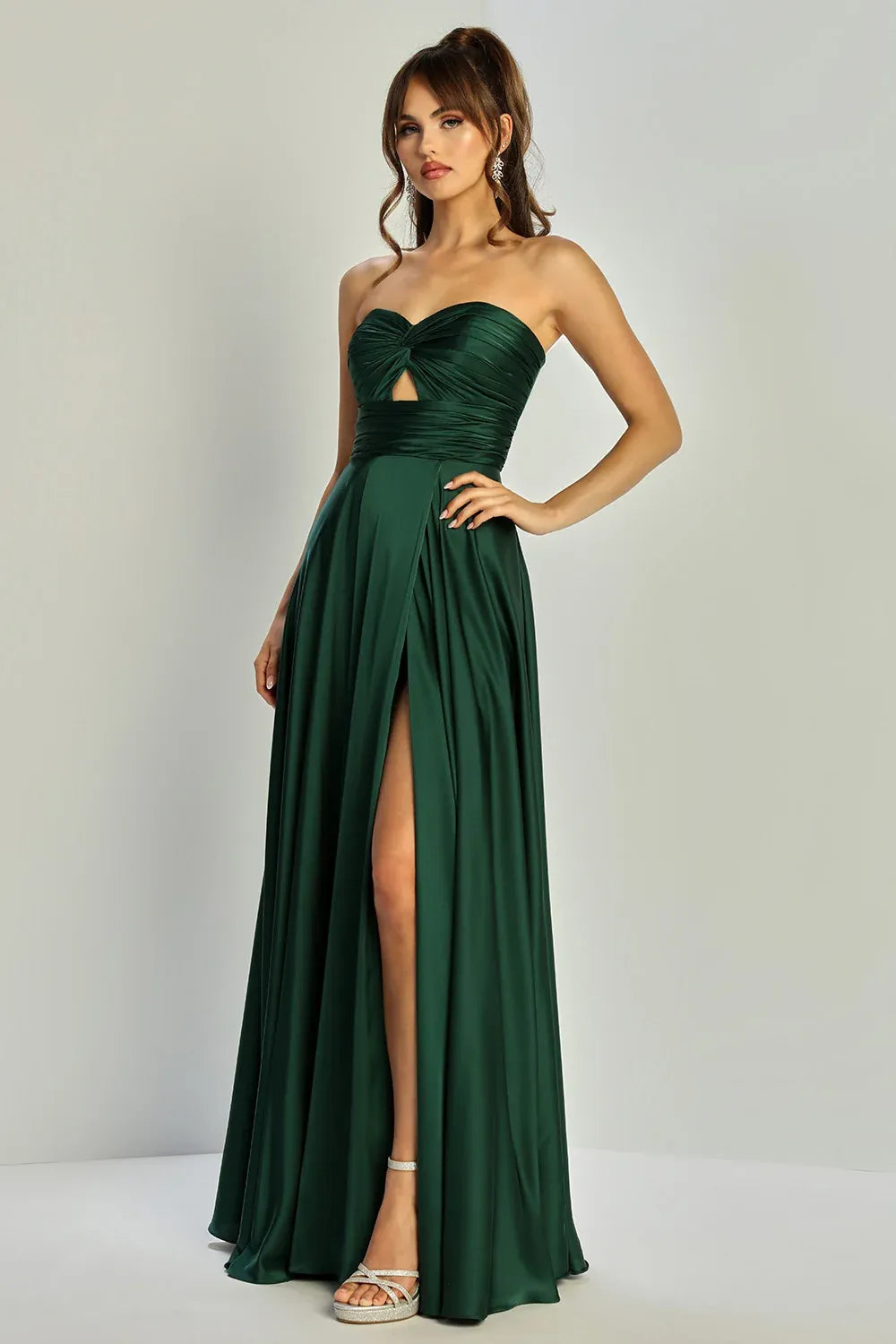 Loverlm emerald green strapless sweetheart high slit bridesmaid dress front