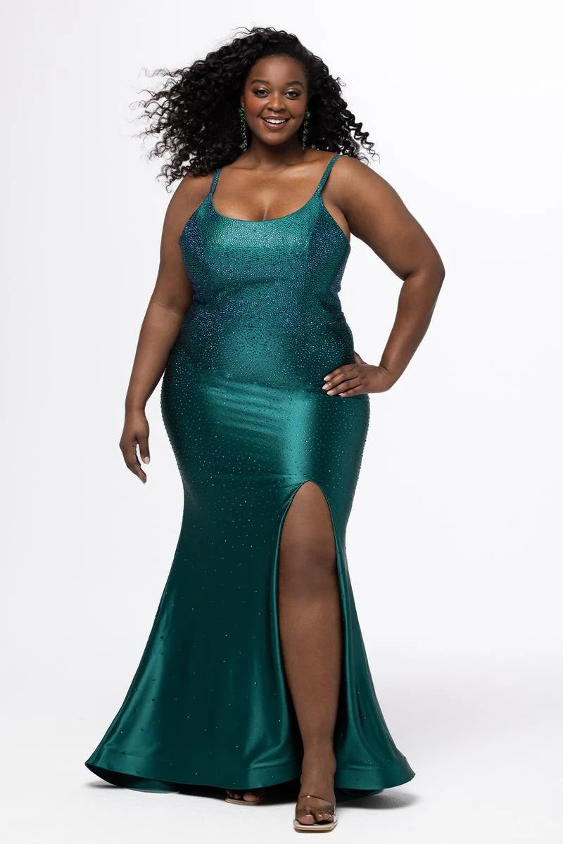 Glamorous Plus Size Mermaid Scoop Neck Sleeveless Satin Floor Length Prom Dress