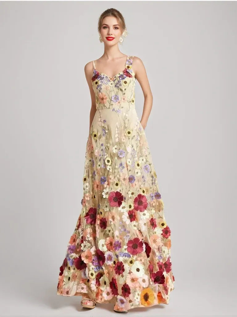 Front view of Loverlm floral A-line evening dress with sweetheart neckline, delicate straps, colorful embroidery and floor-length skirt