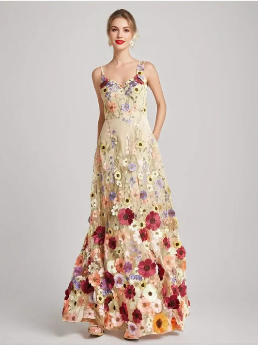 Front view of Loverlm floral A-line evening dress with sweetheart neckline, delicate straps, colorful embroidery and floor-length skirt