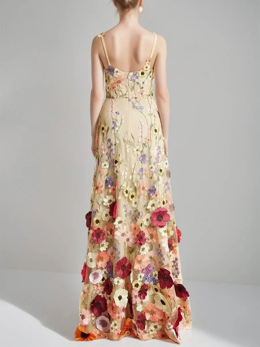 Romantic Floral A-Line Sweetheart Sleeveless Scoop-Back Floor-Length Evening Dress