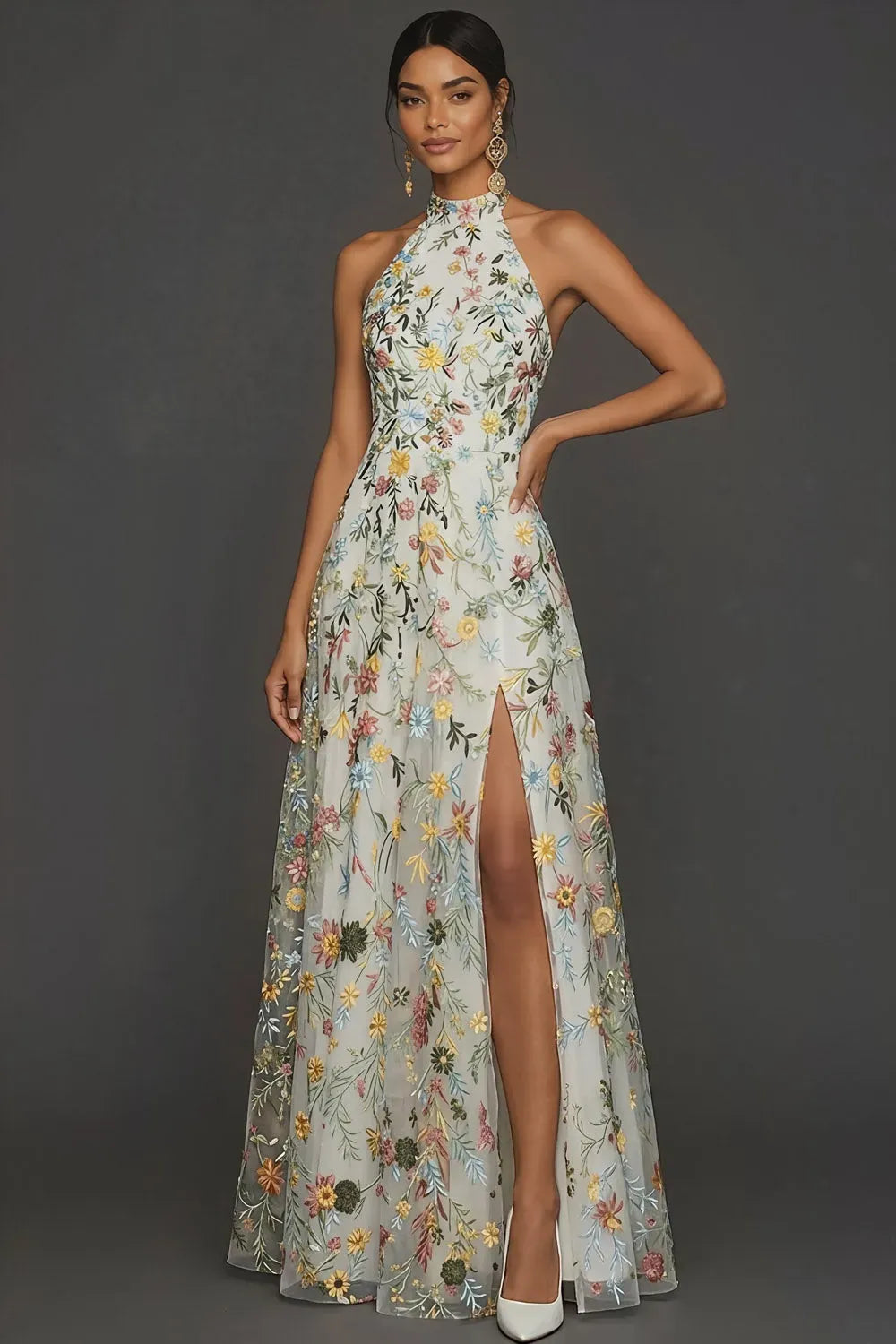Loverlm ivory floral embroidered A-line prom dress with high halter neckline, sleeveless fitted bodice, thigh-high slit and floor-length skirt, front view