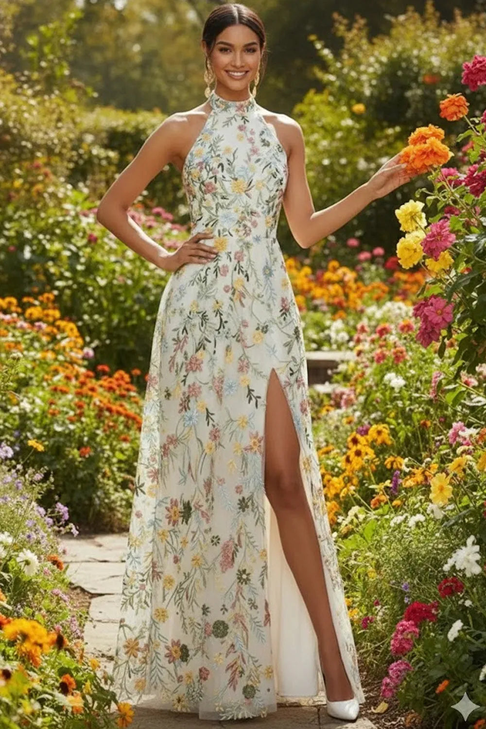 Whimsical A-Line Halter-Neck Sleeveless Diamond-Cutout-Back Floor-Length Floral Prom Dress