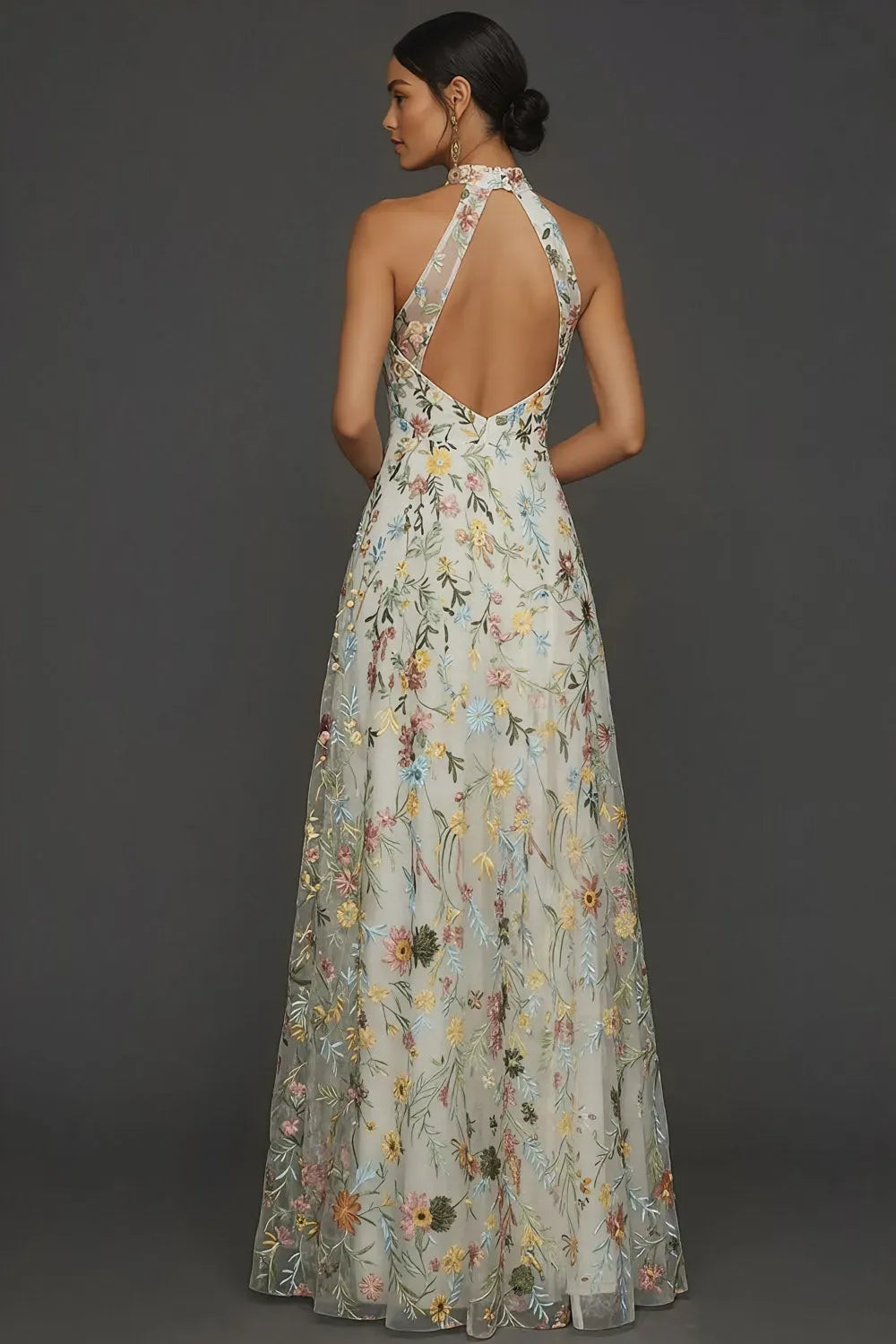 Whimsical A-Line Halter-Neck Sleeveless Diamond-Cutout-Back Floor-Length Floral Prom Dress